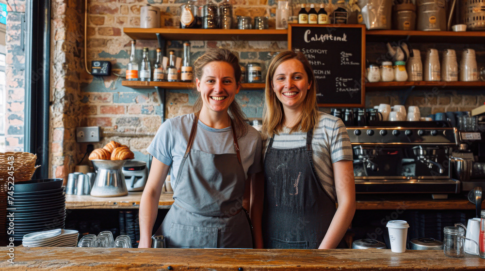 Two smiling baristas standing in a cozy coffee shop with an espresso machine and pastries.