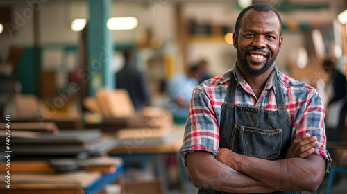 Proud craftsman with crossed arms in a woodworking workshop, tools and timber in the background.