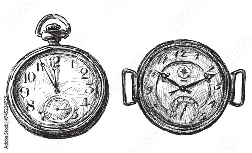 Sketches of old pocket watch and wristwatch, vector hand drawing isolated on white