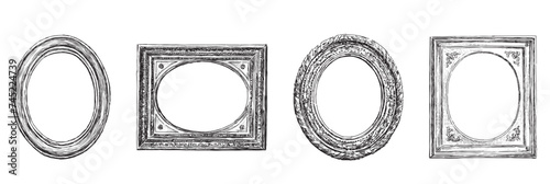 Sketches of set four oval wooden frames in retro style, vector hand drawings isolated on white