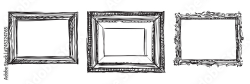 Sketches of set three wooden frames in retro style, vector hand drawing isolated on white