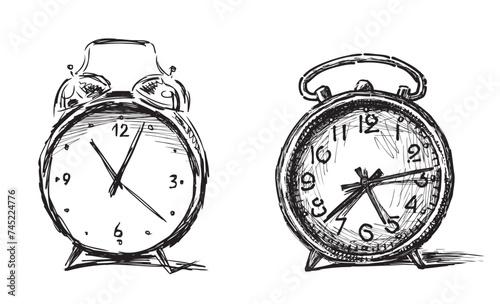 Sketches of two obsolete alarm clocks, vector hand drawing isolated on white