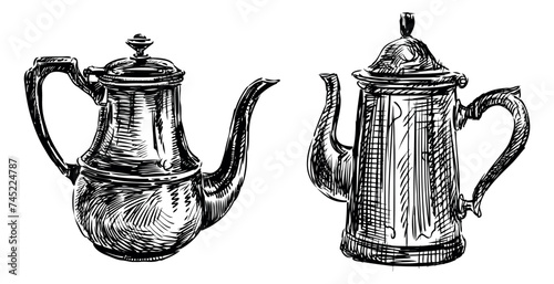 Sketches of two old metal metal tea pots with handles and covers, black and white vector hand drawing isolates on white