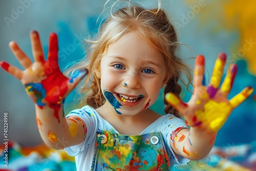 Joyful Child with Colorful Paint-Covered Hands and Face