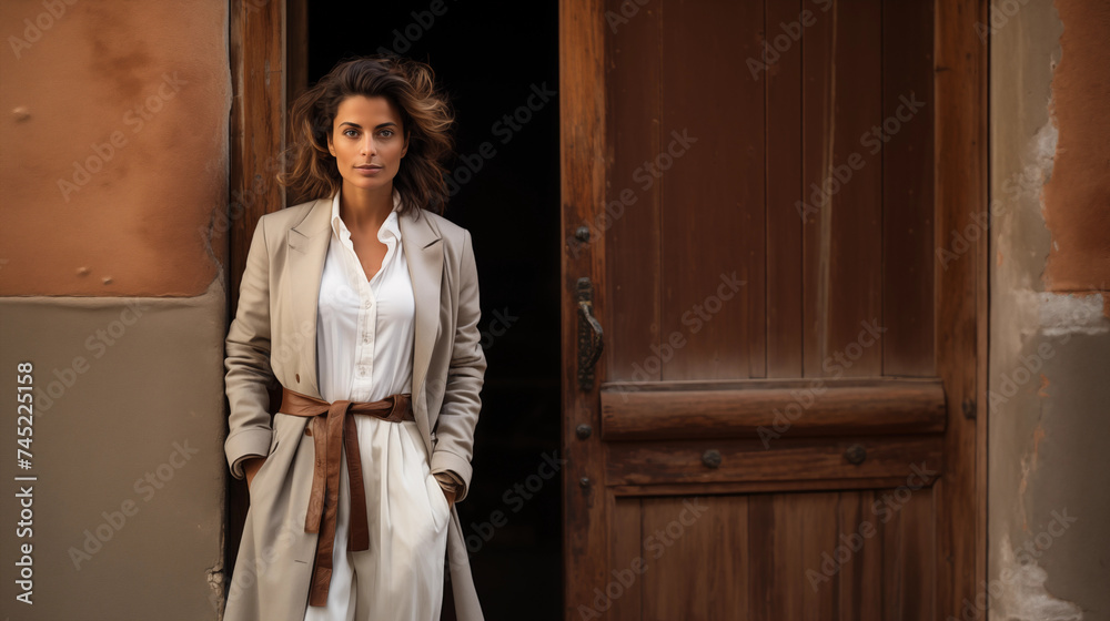A model in a luxurious light cashmere coat and white dress stands near the door. A model in a luxurious light cashmere coat and white dress stands near the door.