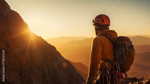 Climber in protective helmet hanging on mountain
