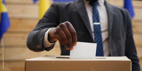 President governmental election giving your voice voting concept. African-American hand man putting their vote in the ballot box with European Union flag on background
