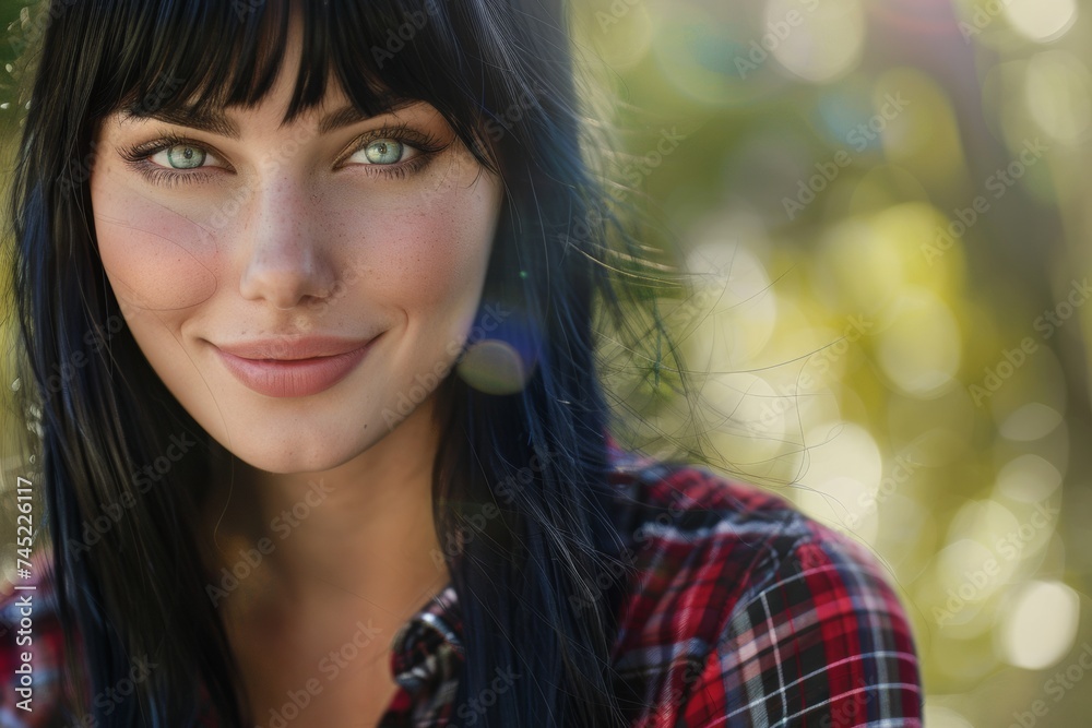 Smiling Woman with Long Black Hair and Bangs in Plaid Flannel Shirt Outdoors Smiling Woman with Long Black Hair and Bangs in Plaid Flannel Shirt Outdoors