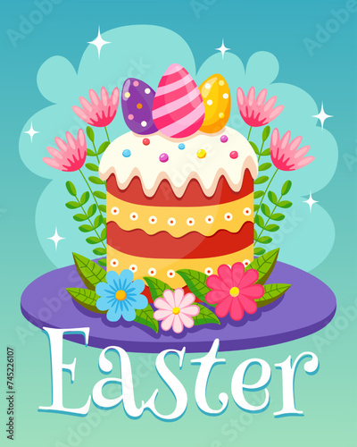 Easter cake with eggs and flowers. Vibrant vector illustration of an easter cake adorned with eggs and spring flowers on a cheerful background. Greeting card, poster, holiday background.