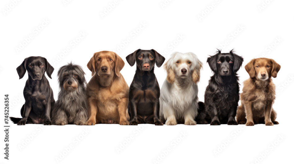 Obraz premium Group of dogs sitting isolated on transparent and white background.PNG image