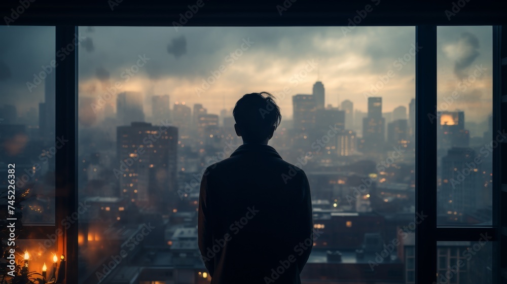 Fototapeta premium A woman looks at a city covered in fog