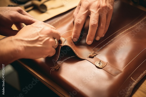 Close up view of hands working with leather accessories photo