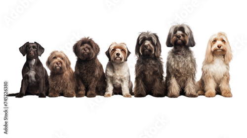 Group of dogs sitting isolated on transparent and white background.PNG image