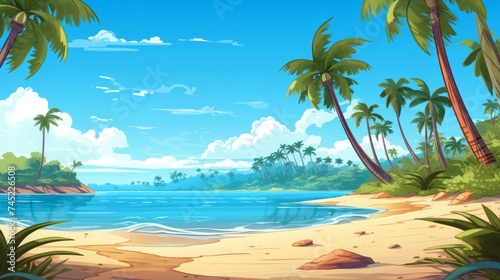 Generative AI A serene beach with palm trees and crystal-clear waters. landscape vector cartoon graphic