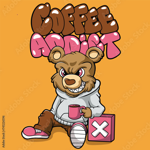 Teddy Bear Coffee Streetwear Graffiti Cartoon illustration. Vector graphic for t-shirt prints and posters
