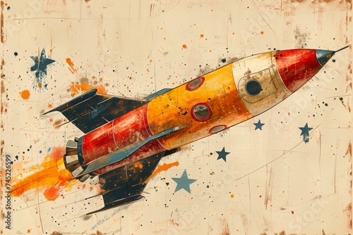 Child's drawing of a colorful space rocket on a light background, International Day of Human Space Flight, AI generated