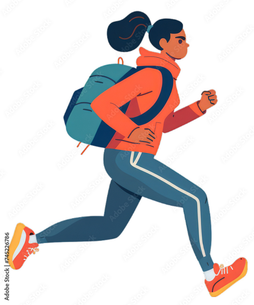  A woman rucking, running with backpack on the back