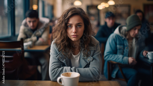 A contemplative woman, lost in thought, sits in a café with a pensive expression, gazing outward, a steaming cup of coffee before her, capturing a moment of introspection in urban life.