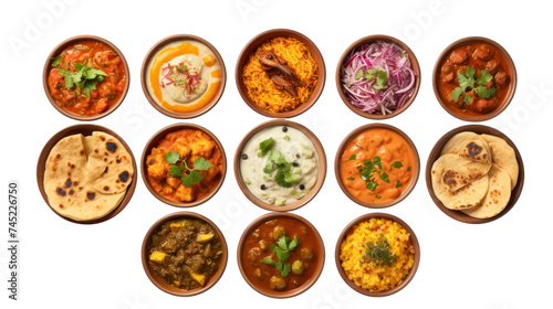 Indian traditional food set, top view. pizza, hummus, biryani, chicken curry, momos, isolated on transparent and white background.PNG image