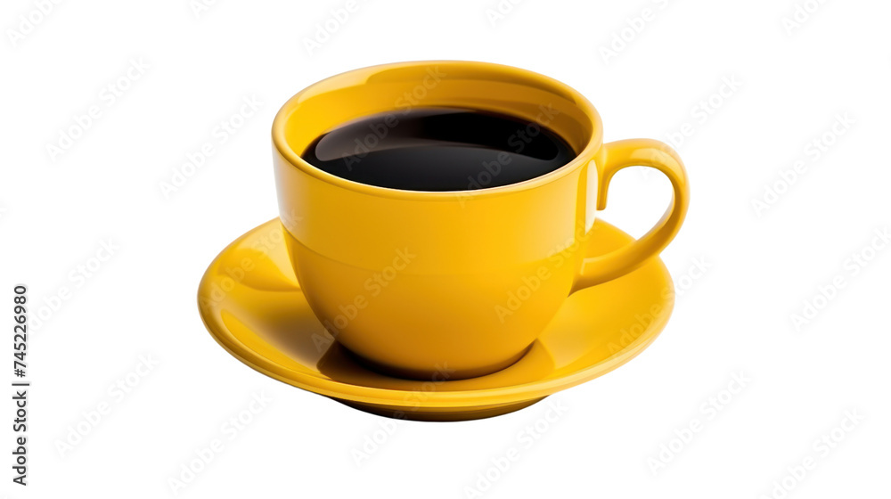Obraz premium Yellow coffee cup and black coffee isolated on transparent and white background.PNG image