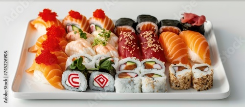 A white plate filled with an assortment of sushi, garnished with a Danish flag, sits atop a white background. The sushi includes various rolls, sashimi, and nigiri pieces.