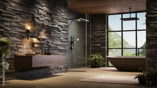 Generative AI A spa-inspired bathroom with natural stone finishes, waterfall shower, and zen decor.
