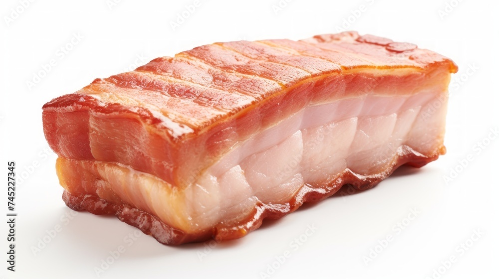 A tender pork belly showcased in a close-up realistic photo against a white background Generative AI