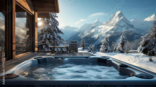 ski resort in the mountains. a hot tub with spa near a winter forest with a snow covered mountain in background photo