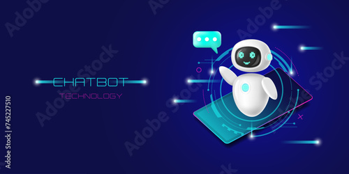 Chatbot assistant character is a robot with a smartphone and has artificial intelligence in 3D style. Banner. Nice and friendly. Vector illustration .