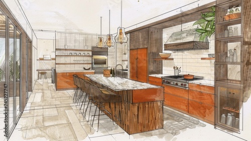Beautiful Custom Kitchen Design Drawing and Brushed In Photo Combination