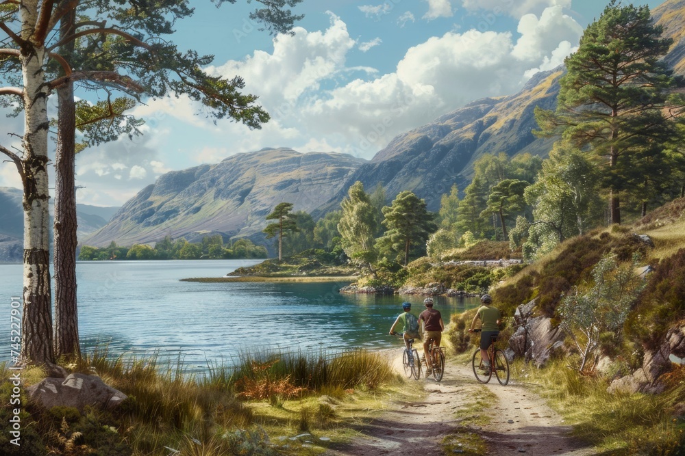 Friends Enjoying a Break and Conversation by Loch Torridon in Wester Ross, Scotland with Bicycles
