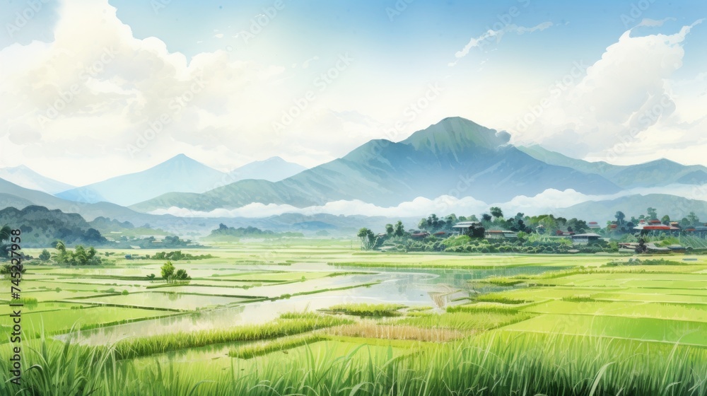 Generative AI A tranquil rice paddy field with mountains in the distance. landscape watercolor