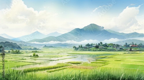 Generative AI A tranquil rice paddy field with mountains in the distance. landscape watercolor