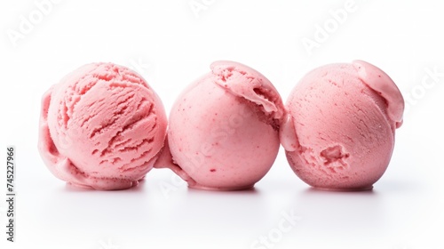 A trio of strawberry ice cream scoops captured in a close-up realistic photo against a white background Generative AI