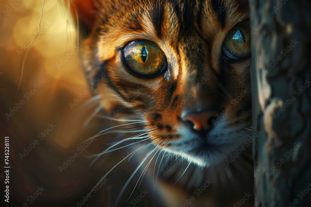 Close-Up Portrait of a Bengal Cat with Piercing Eyes in a Home Environment