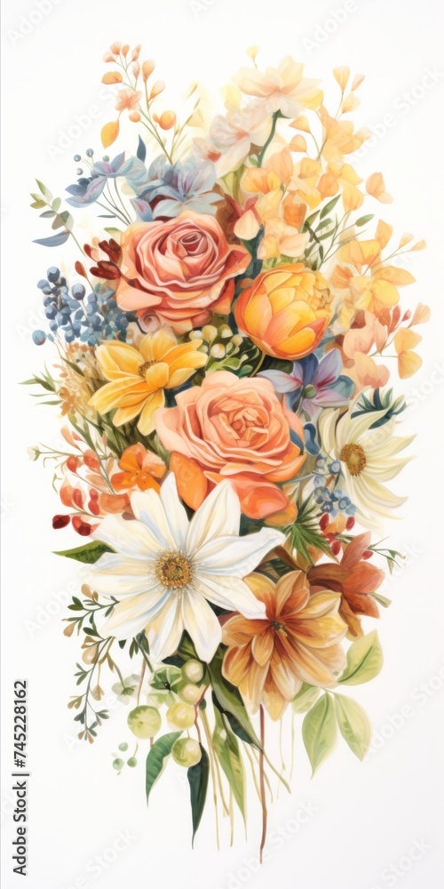 Generative AI A vibrant bouquet of assorted flowers arranged elegantly on a white background, with ample space for personalized messages or text.