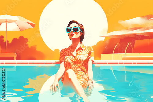 Bask in the retro vibes with this stylized digital artwork of a woman enjoying poolside