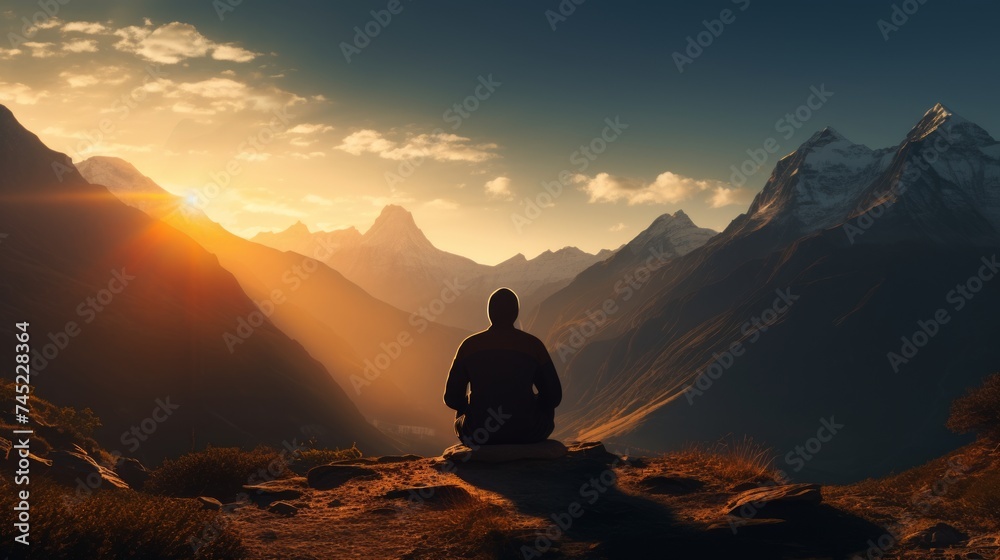 Generative AI A yogi in a meditative pose, finding solace and rejuvenation amidst the tranquil mountain landscape.