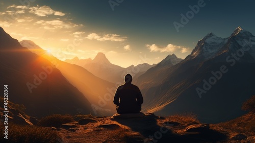 Generative AI A yogi in a meditative pose, finding solace and rejuvenation amidst the tranquil mountain landscape. © vadosloginov