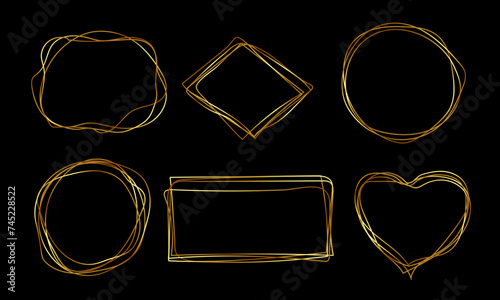 Set of golden hand-drawn frame for text.Golden careless lines, wire.Vector stock illustration.