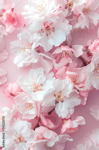 Luxury premium background design with realistic cherry blossoms, apples. Light vertical template for banner, premium invitation, luxury voucher, prestigious gift certificate. Nature Concept.  © Екатерина Савченко