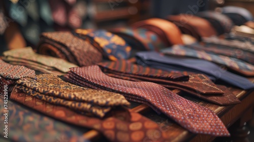 Many vintage madder ties on a table in a luxurious tailor shop photo