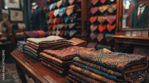 Many vintage madder ties on a table in a luxurious tailor shop photo