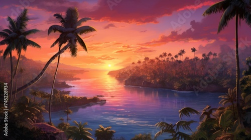 Generative AI Aerial perspective showcasing a serene archipelago with lush palm trees set against the backdrop of a mesmerizing sunset painting the sky in hues of orange, pink, and purple. photorealis