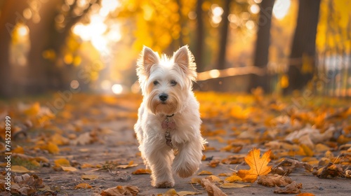 "Autumnal Elegance: A Westie's Stroll Through the Park"