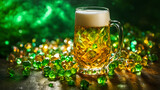 Radiant Gradient Brew: Yellow-Green Beer on Wooden Table with Crystals and Sparkling Background