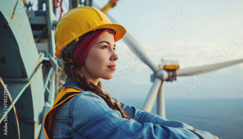 Portrait of a female construction engineer worker on a construction site at an offshore wind farm. Shaping the energy transition. Development of renewable energy sources. Sustainability, green energy.
