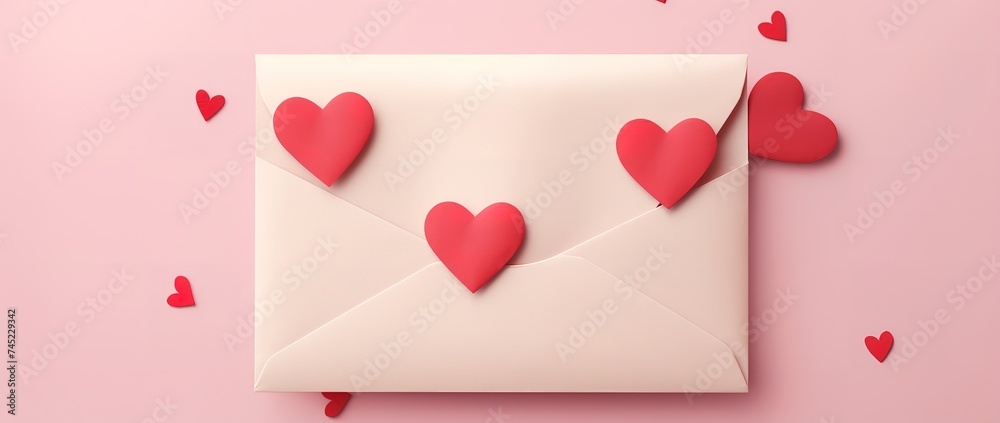 A white envelope with red love to place greeting cards, letters, invitations on a pink background and red love