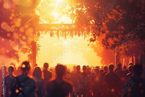 Entrance of a Music Festival with Crowd of Attendees in Warm Evening Light