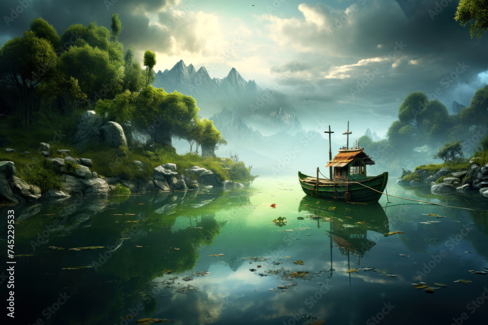 Serenity awaits in this tranquil landscape, where a solitary boat